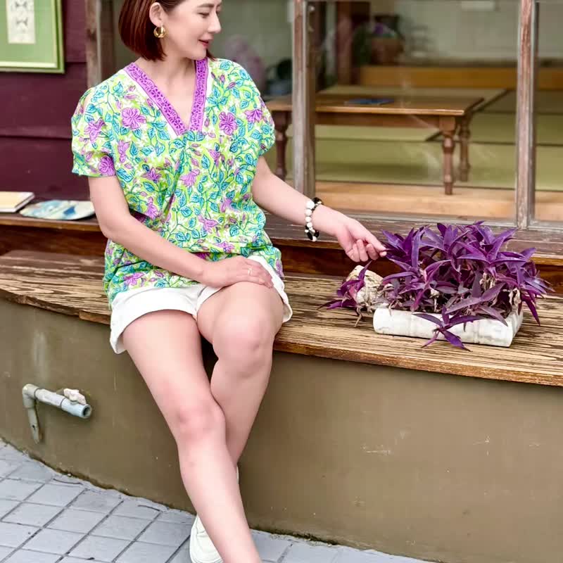 獨一無二純棉手工印染紫色花朵綠葉柔軟透氣涼爽四角衣四方衣 - 女襯衫 - 棉．麻 紫色