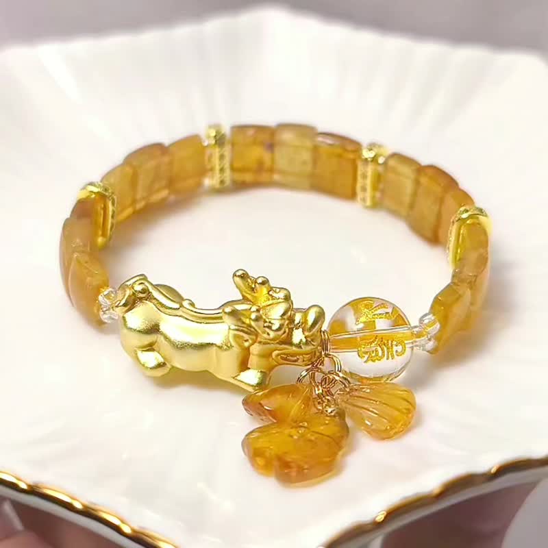 稀有金碧璽 貔貅 六字真言白水晶 幸運 智慧 招財 手鍊 單品 禮物 - 手鍊/手環 - 寶石 金色