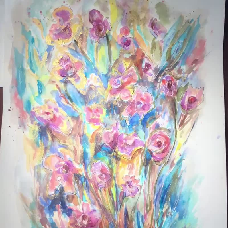 Flowers original watercolor painting - 壁貼/牆壁裝飾 - 紙 粉紅色