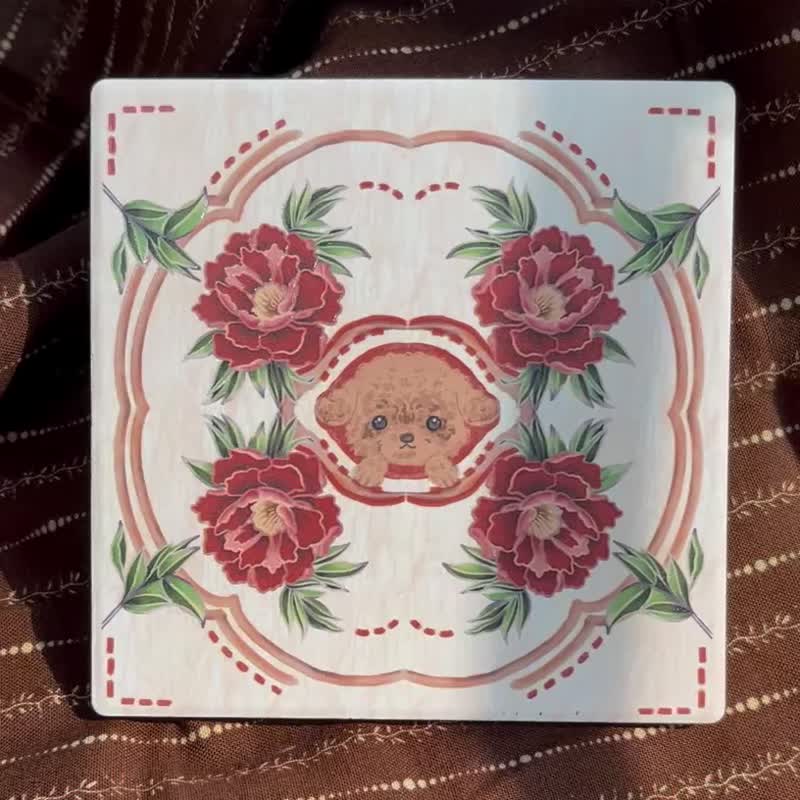 Tile peek-a-boo coaster poodle | Wedding souvenir Yingge ceramic three-dimensional pattern wooden gift box - Coasters - Pottery 