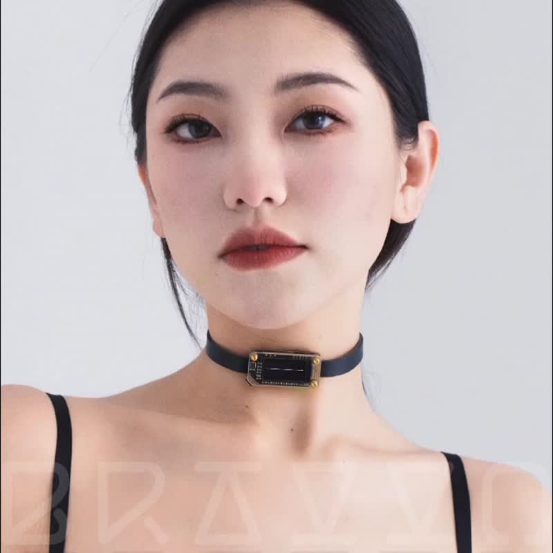 Electronic jewelry Choker leather collar sound interactive waveform cyber technology future music rhythm necklace - Necklaces - Genuine Leather Black