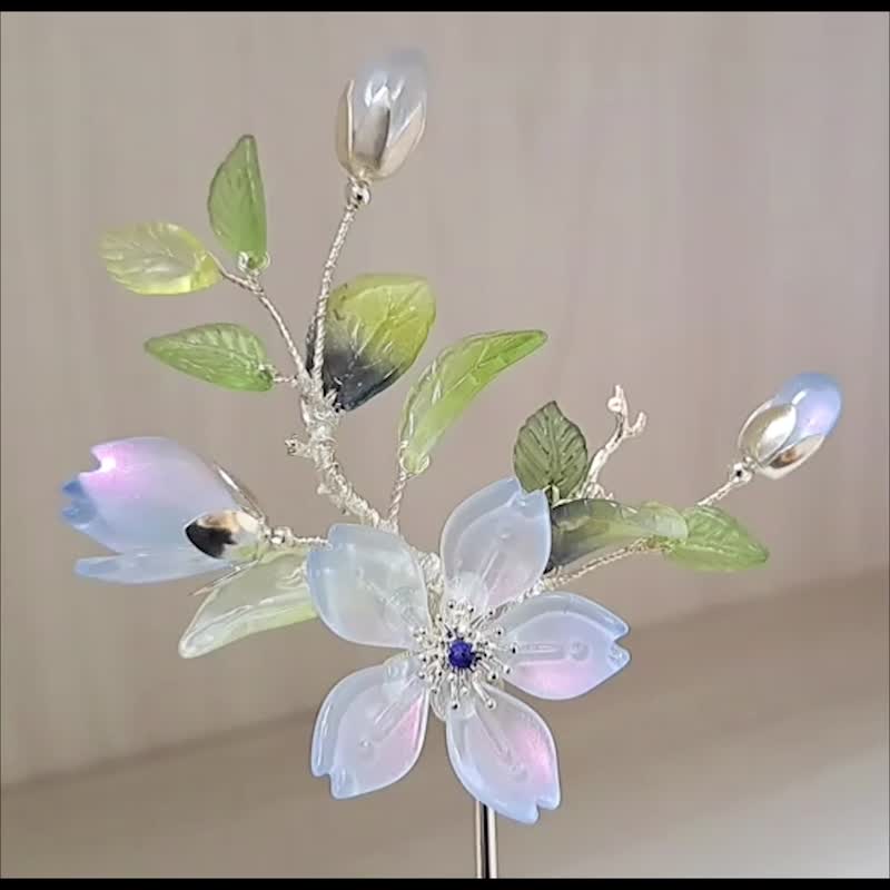 寶石琉璃花系列~【月光幻藍】櫻花髮簪~A款 - 髮夾/髮圈 - 玻璃 