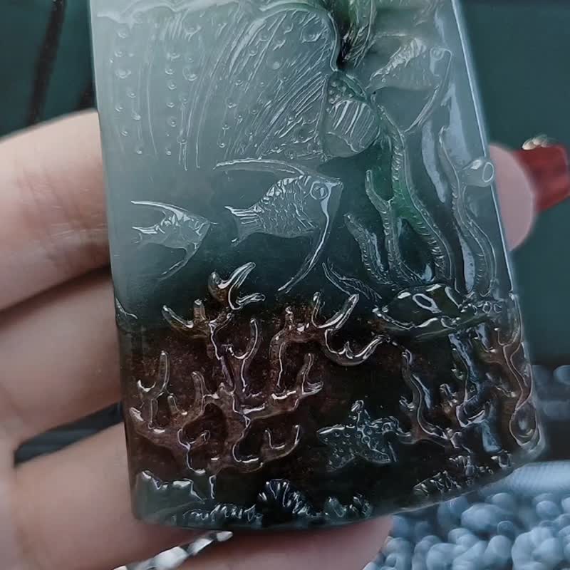 收藏級 招財|深海寶藏|緬甸A玉翡翠多彩海底荷花雙面巧雕牌 - 手機掛繩/背帶 - 玉石 
