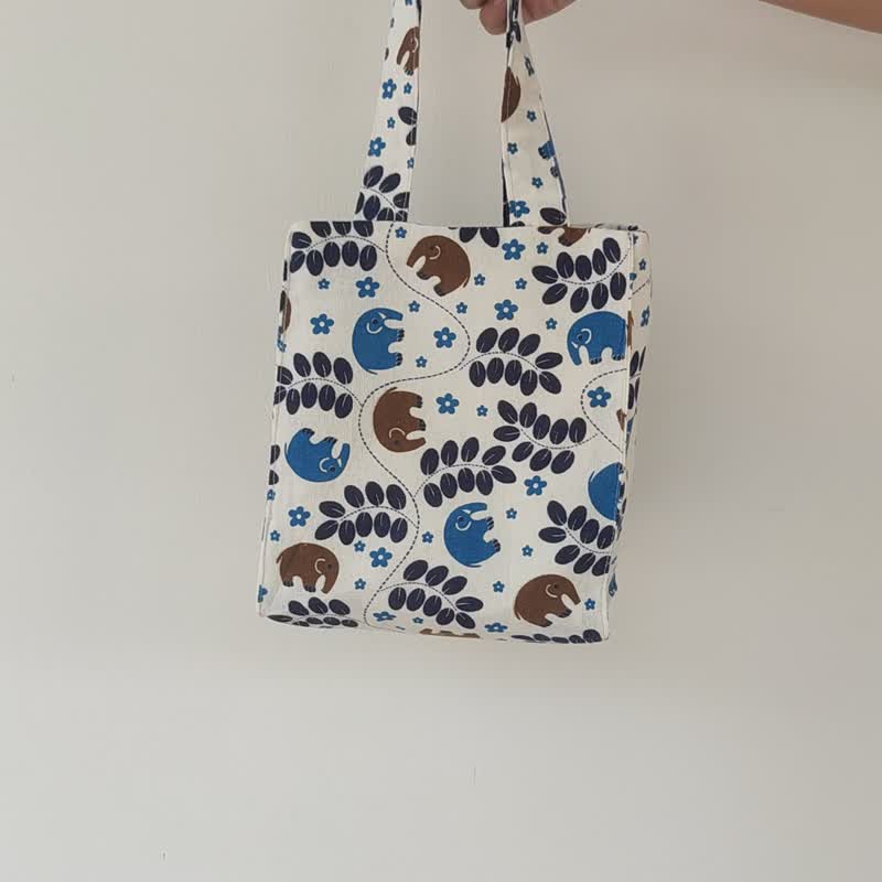 DB Brown Elephant - Double Side Handbag Printed Brown and Navy Elephant - Handbags & Totes - Cotton & Hemp Blue