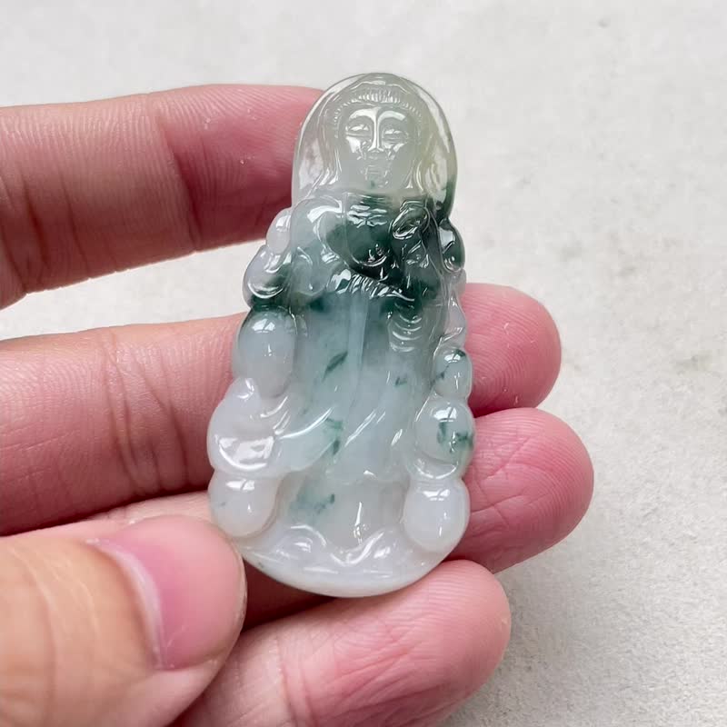 冰種飄藍花翡翠觀音菩薩 | 天然緬甸玉翡翠A貨 - 其他 - 玉石 綠色
