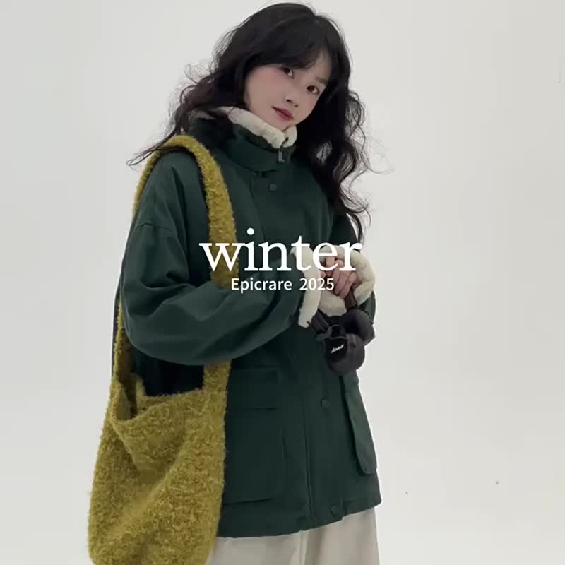 2-Tone, Twilight Forest, Stand Collar Full Plush Thickened Jacket, Japanese Vintage Warmth Jacket - เสื้อแจ็คเก็ต - ผ้าฝ้าย/ผ้าลินิน สีเขียว