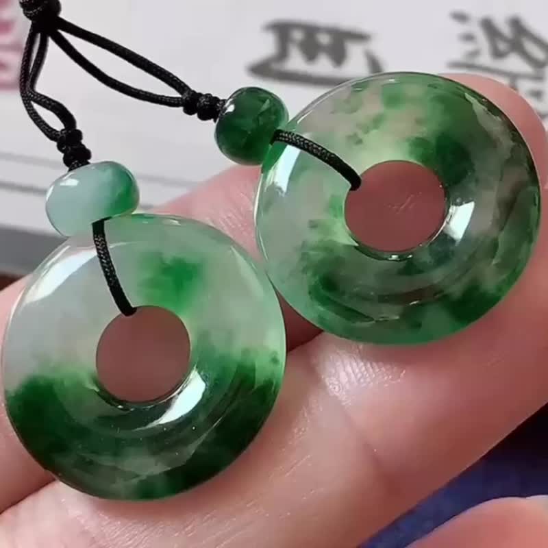 冰種翡翠 天然翡翠 緬甸A玉 頸鏈 • 冰種半山水翡翠平安子母扣 - 項鍊 - 玉石 綠色