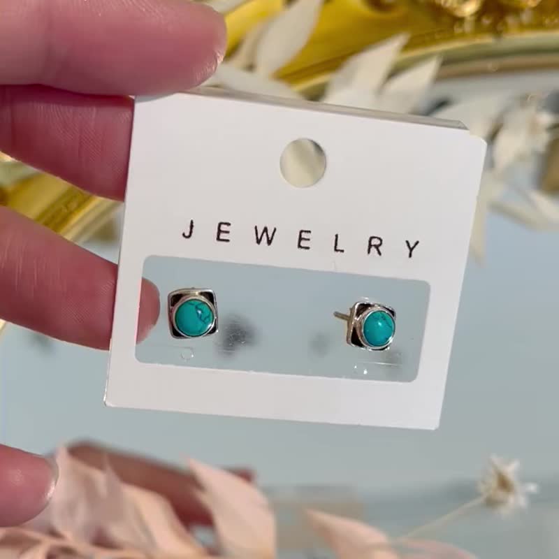 復古硫化方型藍松石6.2mmx6.2mm單針平安護身符 - 耳環/耳夾/耳骨夾 - 半寶石 藍色