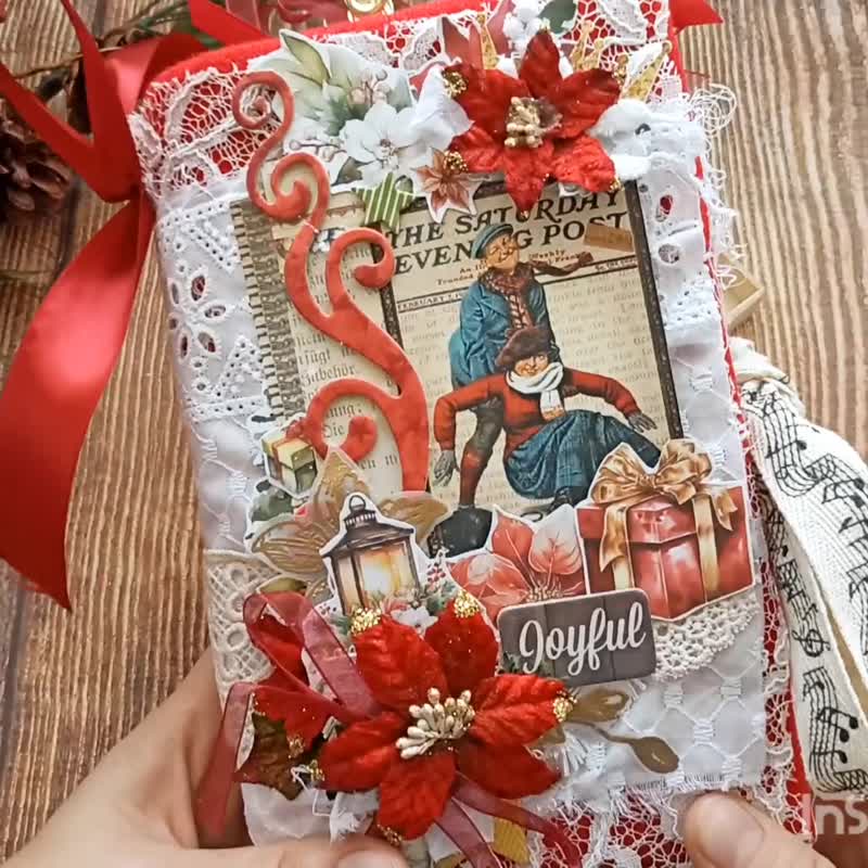 Christmas junk journal handmade December daily winter notebook for sale - Notebooks & Journals - Paper Red