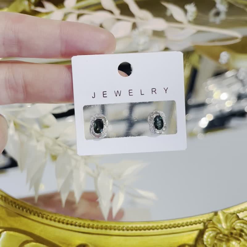 Natural Teal tourmaline sparkling diamond 10mmx7mm design single needle earrings smart wealth communication - ต่างหู - คริสตัล สีเขียว