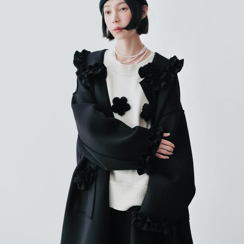 Black air cotton retro lace mid-length large coat/coat - เสื้อแจ็คเก็ต - วัสดุอื่นๆ สีดำ