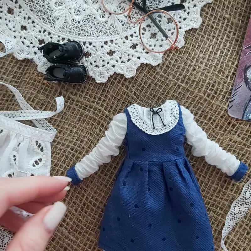 Blythe doll dress with apron and underskirt - Stuffed Dolls & Figurines - Cotton & Hemp Blue