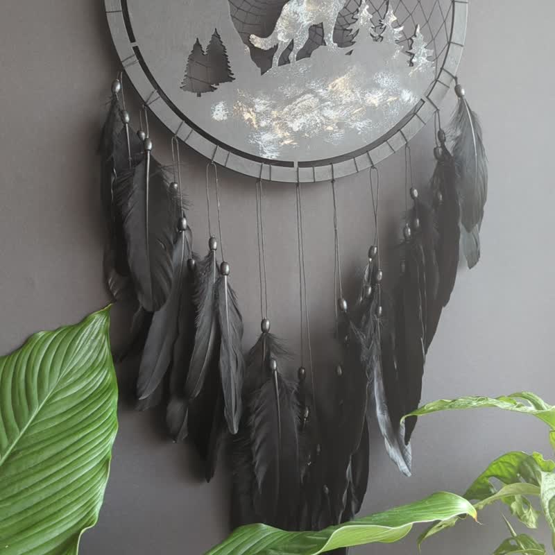 Handcrafted Wolf Spirit Dreamcatcher – Extra Large Wall Decor |  Ideal Gift - ตกแต่งผนัง - ไม้ สีดำ