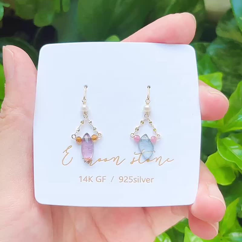 電氣石 稀有紫藍色碧璽不對稱耳環 14K - 耳環/耳夾/耳骨夾 - 半寶石 紫色