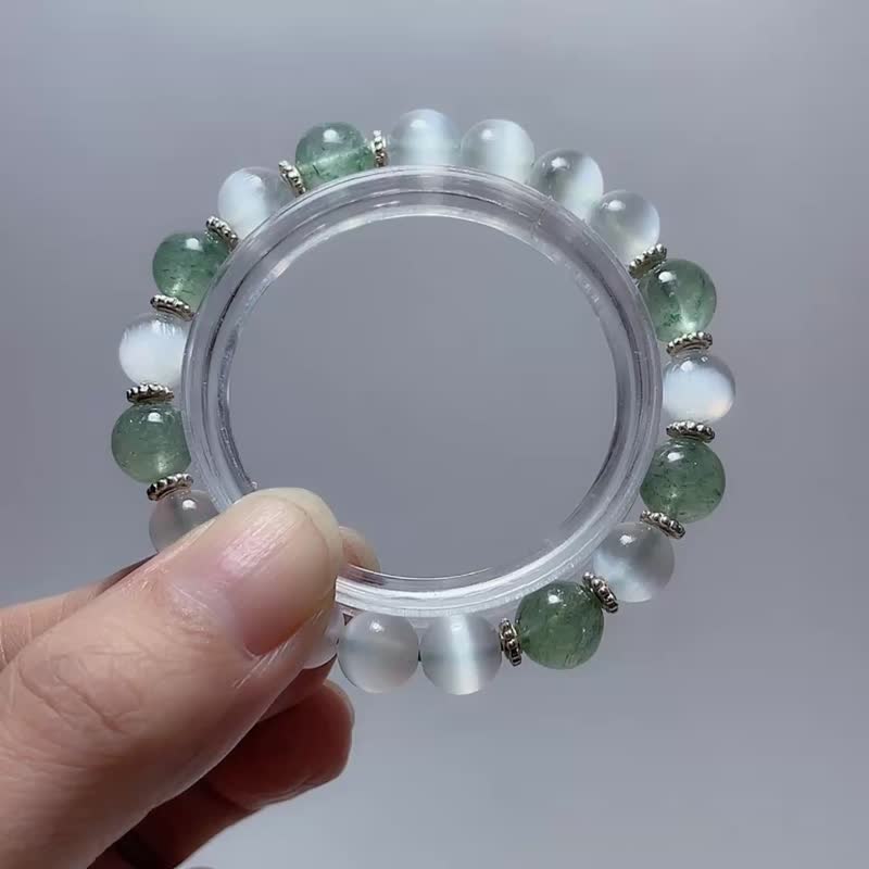 天然礦物 透石膏 綠草莓晶 925純銀 手鍊 - 手鍊/手環 - 半寶石 白色