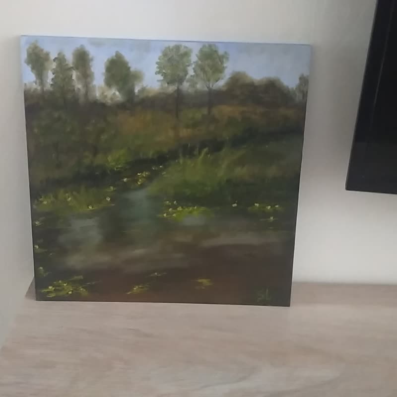 Oil Painting Water Lilies Original Art Summer Day Wall Art Pond Yellow Flowers - 海報/掛畫/掛布 - 其他材質 綠色