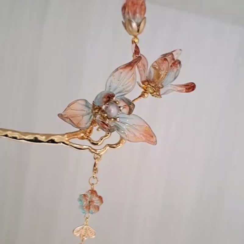 古風琉璃系列【雙色鳶尾】~髮簪(含垂墜式流蘇)+耳環 - 耳環/耳夾/耳骨夾 - 玻璃 咖啡色