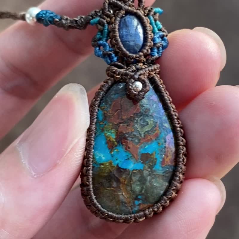 N720 民族風 蠟線編織 鳳凰石 藍晶石 純銀珠項鍊(可調長度) - 項鍊 - 寶石 咖啡色