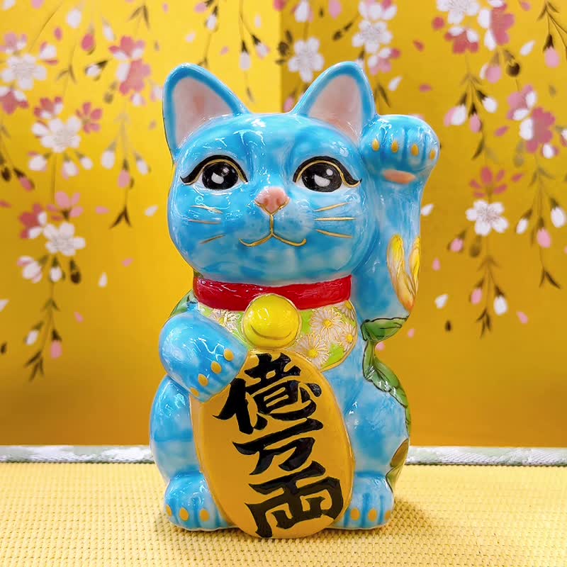 【菊靛納福】日本清水燒招財貓 | 水色黃菊 - 擺飾/家飾品 - 瓷 藍色