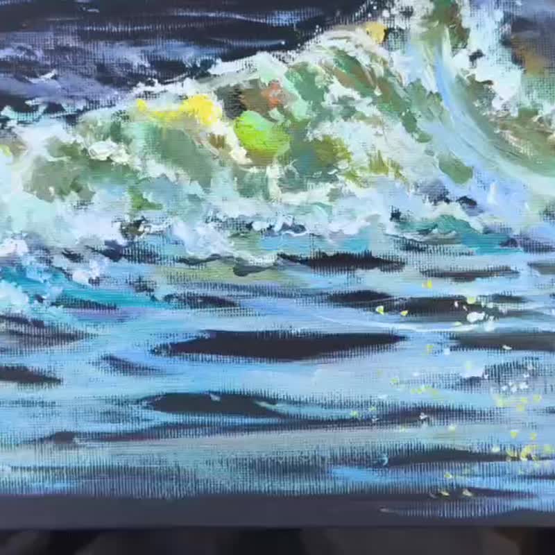 丝绒之夜海景 原创油画布 月光海浪艺术 海岸风景墙面装饰 - 壁貼/牆壁裝飾 - 棉．麻 灰色