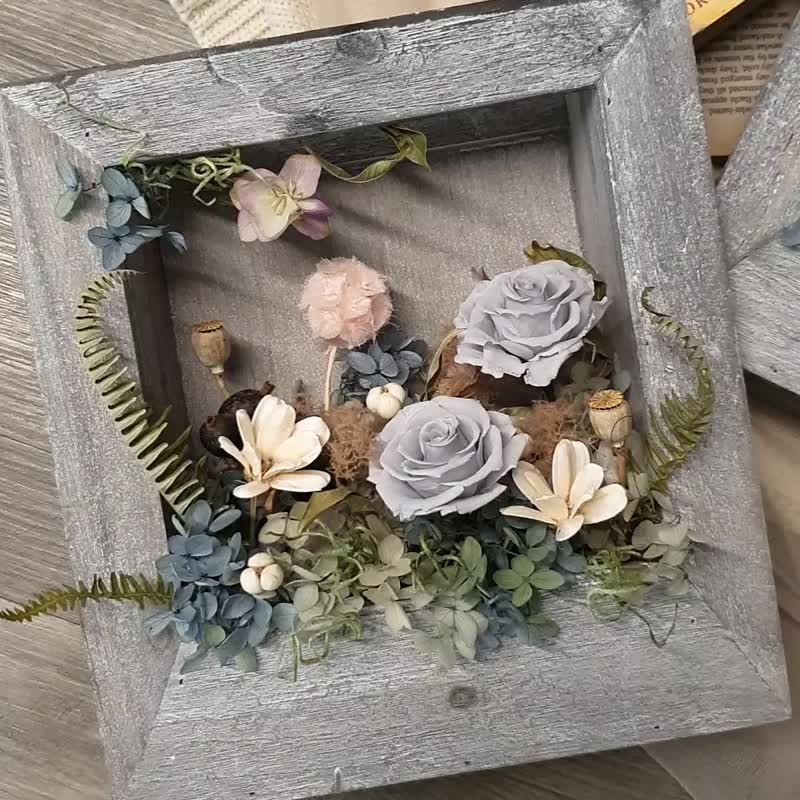 乾燥花掛畫 畫框 壁掛 不凋花 永生花 花禮 莫蘭迪 灰藍 - 相框/畫框 - 植物．花 藍色
