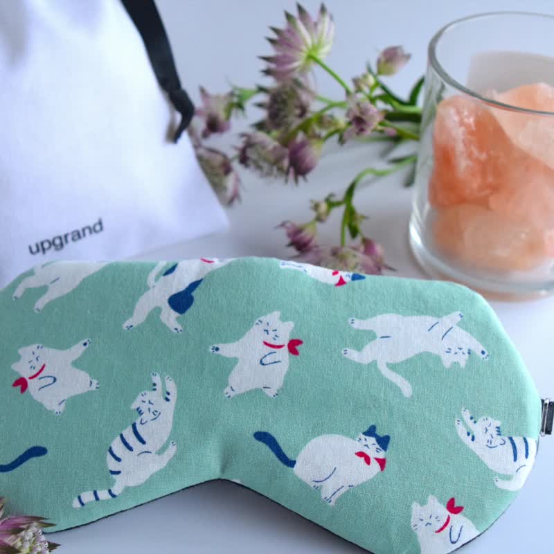 Happy Cat  Sleep Mask | storage pouch | travel | nap | - ผ้าปิดตา - ผ้าฝ้าย/ผ้าลินิน สีเขียว