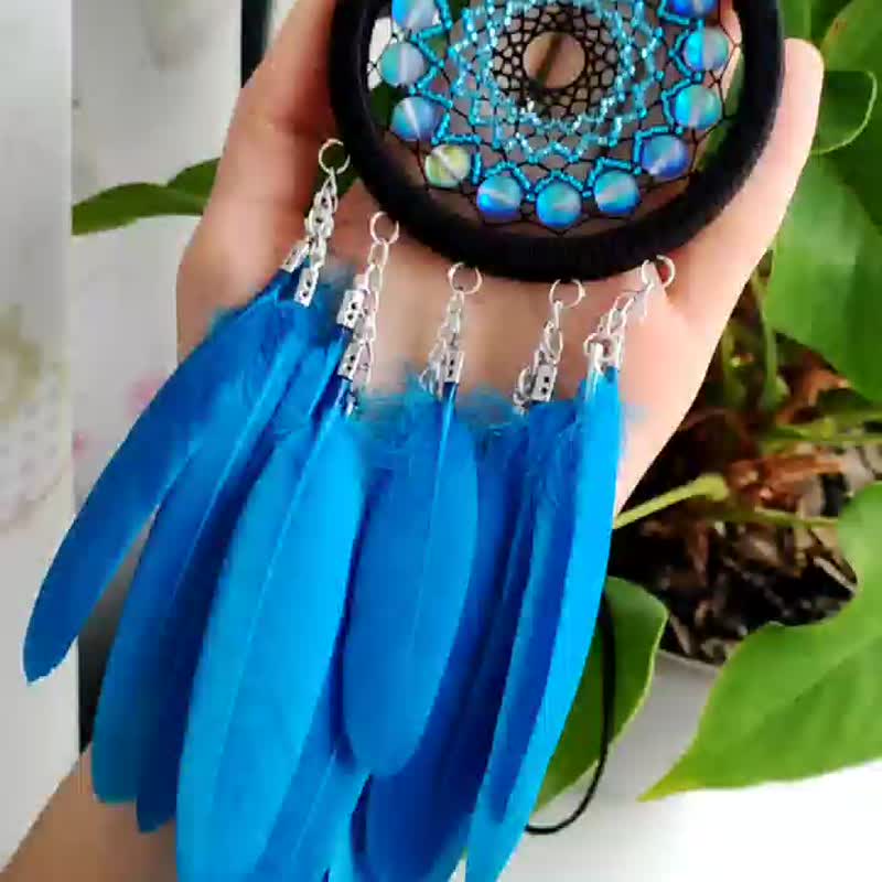Black blue dream catcher with opal glass beads / Small car view  mirror hanger - 牆貼/牆身裝飾 - 水晶 藍色