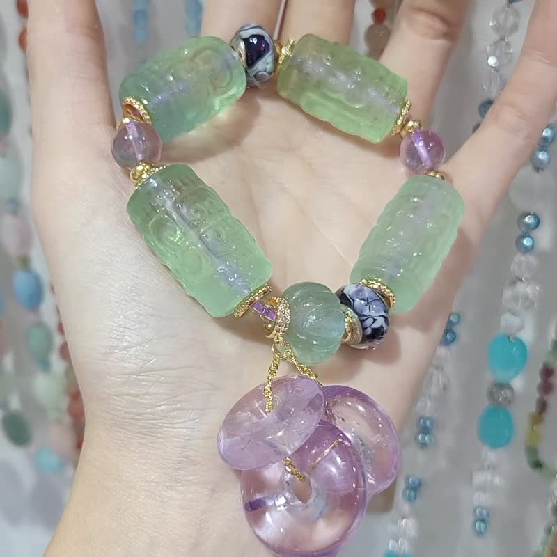 頂級螢石回紋 薰衣草 古錢 招財 吉祥 智慧 大寶石手鍊 單品 禮物 - 手鍊/手環 - 寶石 綠色