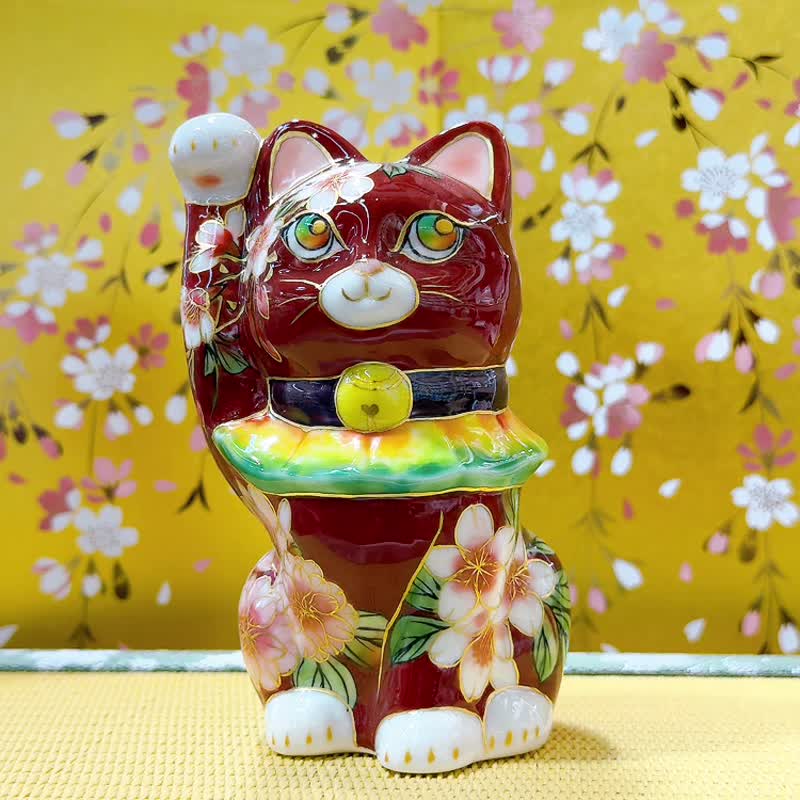 【赤櫻聚福】日本清水燒招財貓 | 色繪 - 赤地櫻 - 擺飾/家飾品 - 瓷 紅色