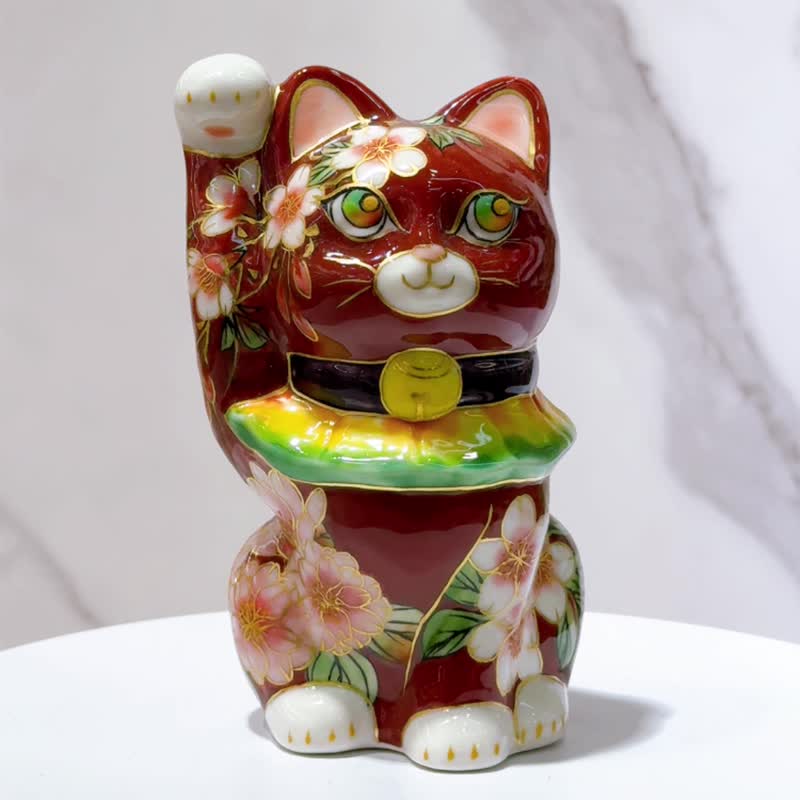 【赤櫻聚福】日本清水燒招財貓 | 色繪 - 赤地櫻 - 擺飾/家飾品 - 瓷 紅色