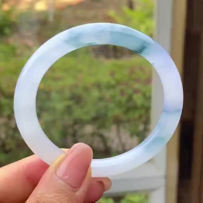 冰種翡翠天然翡翠玉鐲 A玉手鐲 玉鈪 • 冰種藍飄花翡翠圓鐲 - 手鍊/手環 - 玉石 藍色