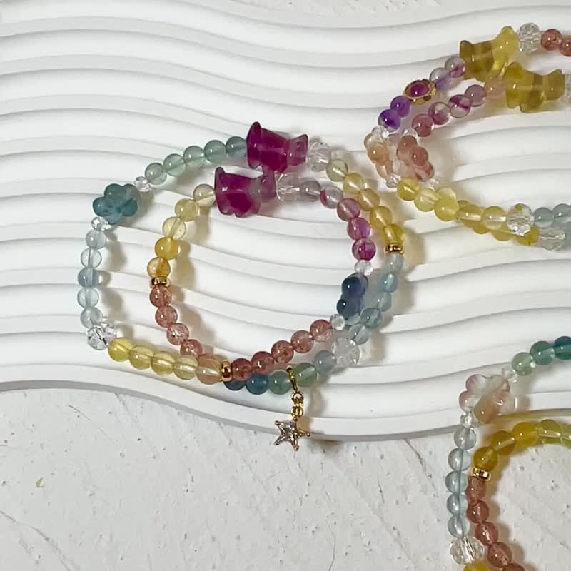 Good things come in pairs, travel kitten, Stone crystal, aquamarine, strawberry crystal, attract people and help communication, double circle bracelet - สร้อยข้อมือ - คริสตัล 