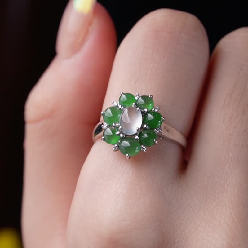 玻璃種翡翠蛋面花花戒指 18K金鑽石 | 天然緬甸玉A貨翡翠 | 送禮 - 戒指 - 玉石 多色