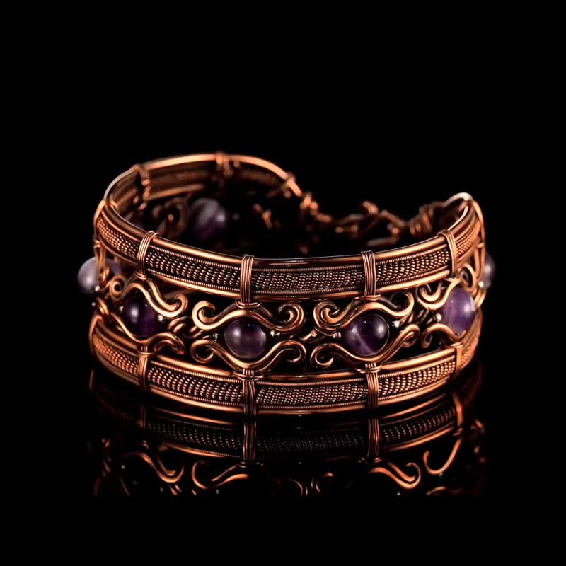 Copper wire wrapped bracelet with amethyst for lady Antique style WireWrapArt - Bracelets - Gemstone Purple