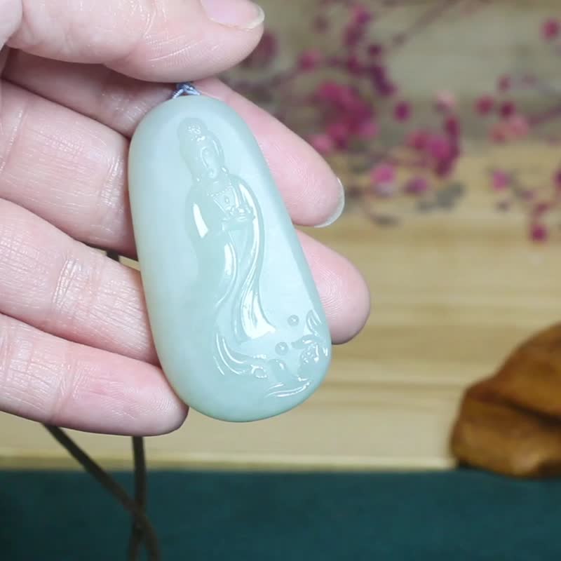【蓮花觀音】觀音菩薩項鏈/玉墜/和田玉 生日禮物護佑平安 - 項鍊 - 玉石 綠色