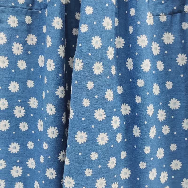 Printed Daisy Wide Leg Pants - 男長褲/休閒褲 - 棉．麻 藍色