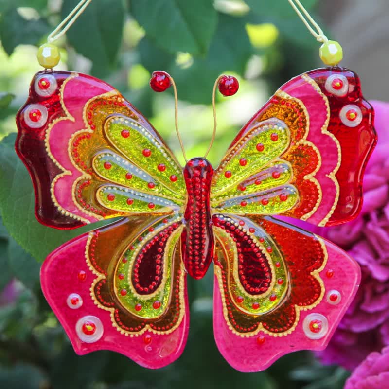 Butterfly Glass Wall Panel Suncatcher Painted Art Hanging Home Decor - 壁貼/牆壁裝飾 - 玻璃 粉紅色