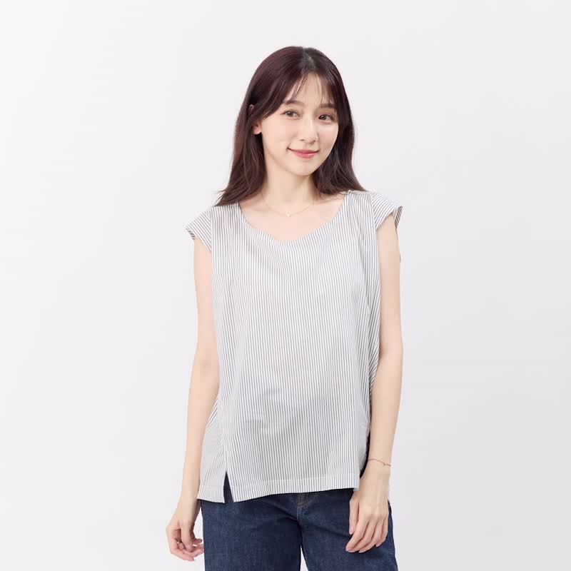 Dolly 簡約棉質夏日無袖小開岔上衣/ 灰白直條 - 女上衣/長袖上衣 - 棉．麻 灰色