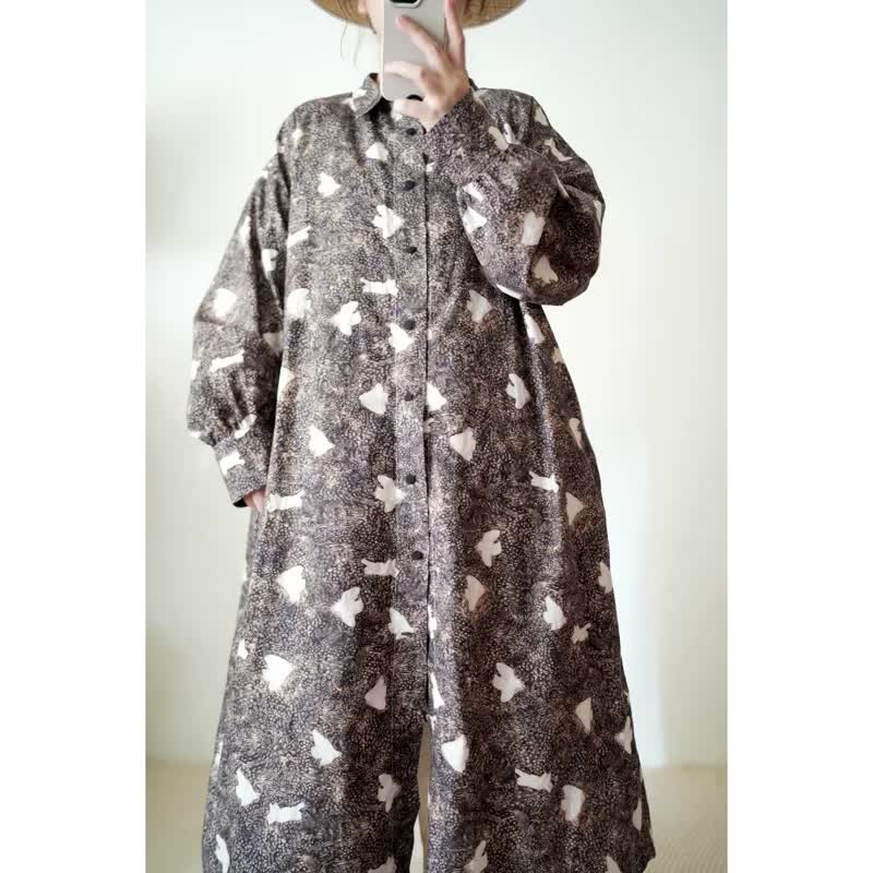Acorn Garden Bird & Cat Shirt Dress - One Piece Dresses - Cotton & Hemp Brown