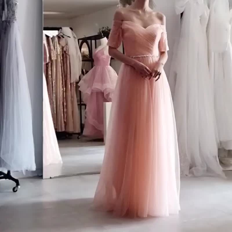 A-line off-shoulder short-sleeved tulle dress - Evening Dresses & Gowns - Other Materials Pink