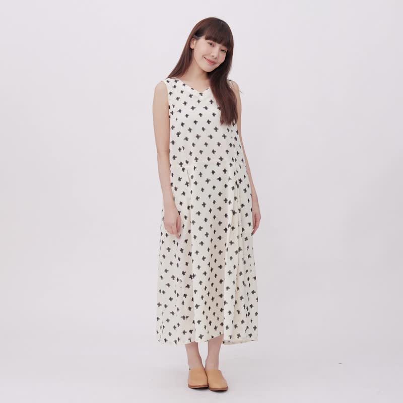 Holly V neck Sleeveless Tank Long Dress with Pockets  /Printed - One Piece Dresses - Cotton & Hemp White