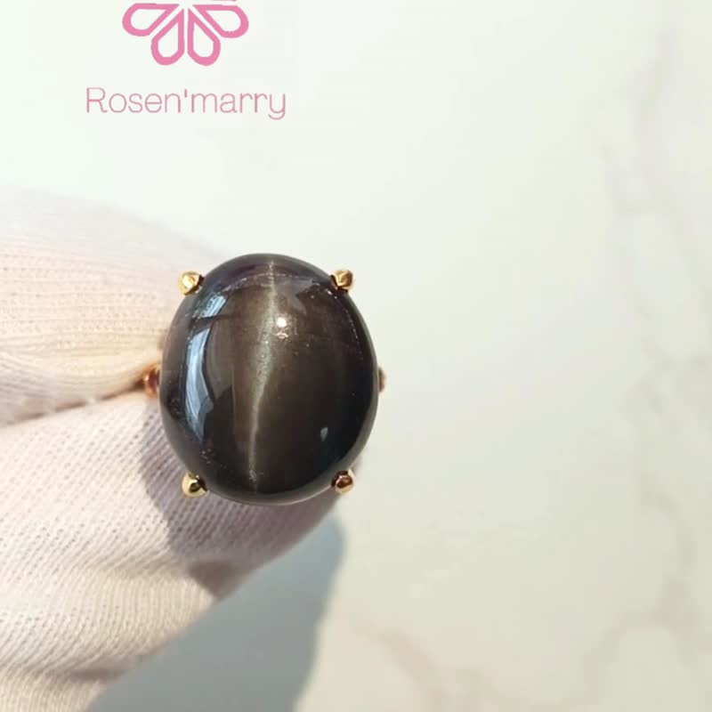 Natural Cat eye Scapolite 23 Cts Ring Sterling Silver 925 with Gold Plated. - 戒指 - 純銀 黑色