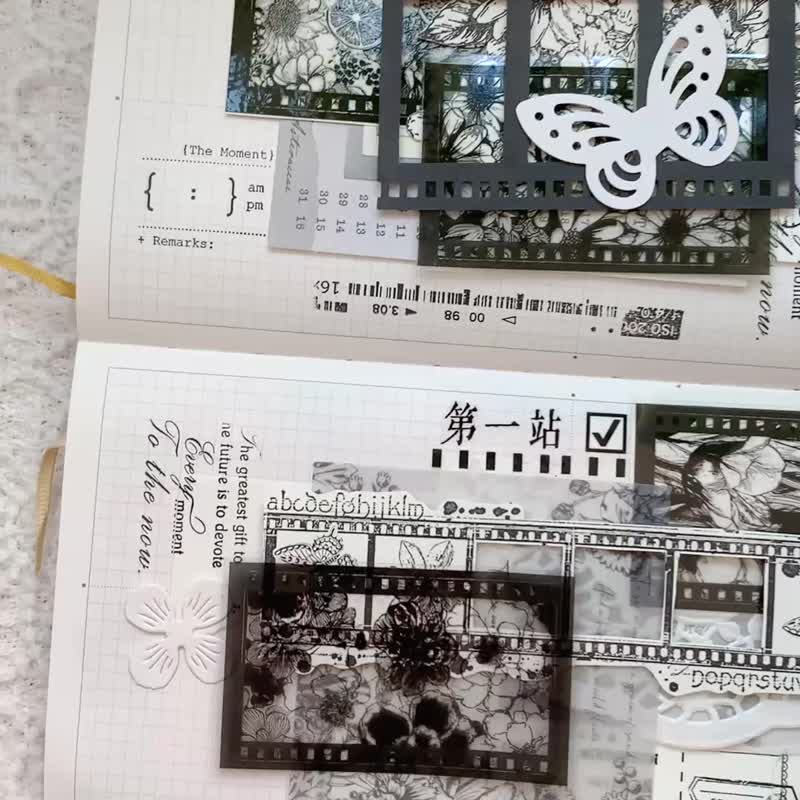 Dongxi She Cultural and Creative - Ink Flower • Old Film Record PET Die-Cut Journal Sticker Tape + Film Black and White Floral Base - มาสกิ้งเทป - วัสดุอื่นๆ 
