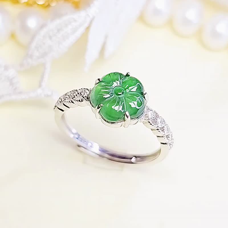 |Five Blessings|A-grade jadeite ice green shiny full flower 8.6mm sterling silver Japanese lace ring - แหวนทั่วไป - หยก 