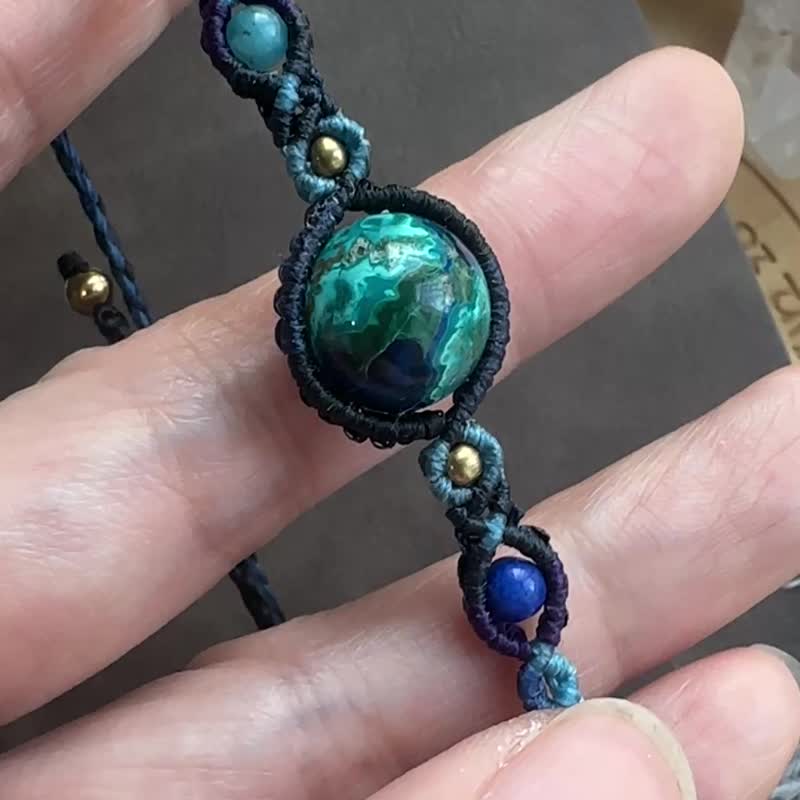 BB177 民族風 蠟線編織 藍銅礦孔雀石珠 手環 (可調長度) - 手鍊/手環 - 寶石 藍色