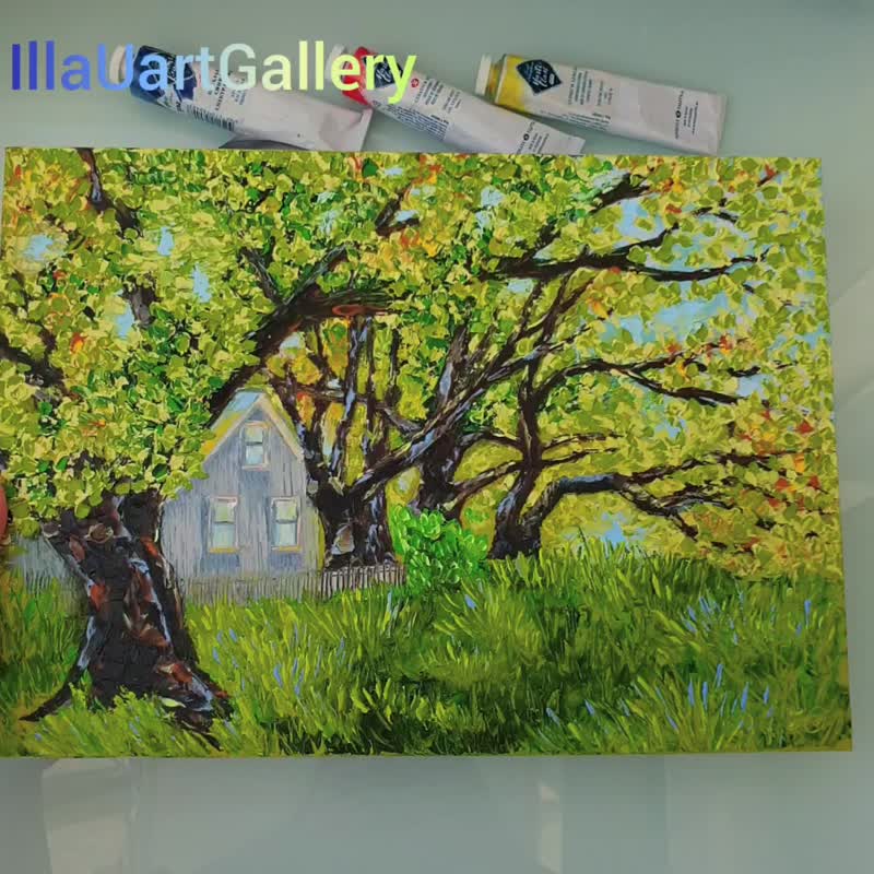 Trees Painting Farm Original Art Landscape Wall Art Cottage Impasto Oil Painting - 海報/掛畫/掛布 - 其他材質 多色