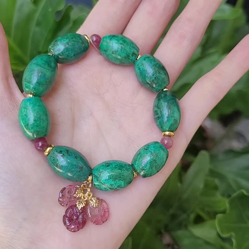 頂級鳳凰石 藍銅礦 矽孔雀石 碧璽 花 大寶石 手鍊 單品 禮物 - 手鍊/手環 - 寶石 綠色