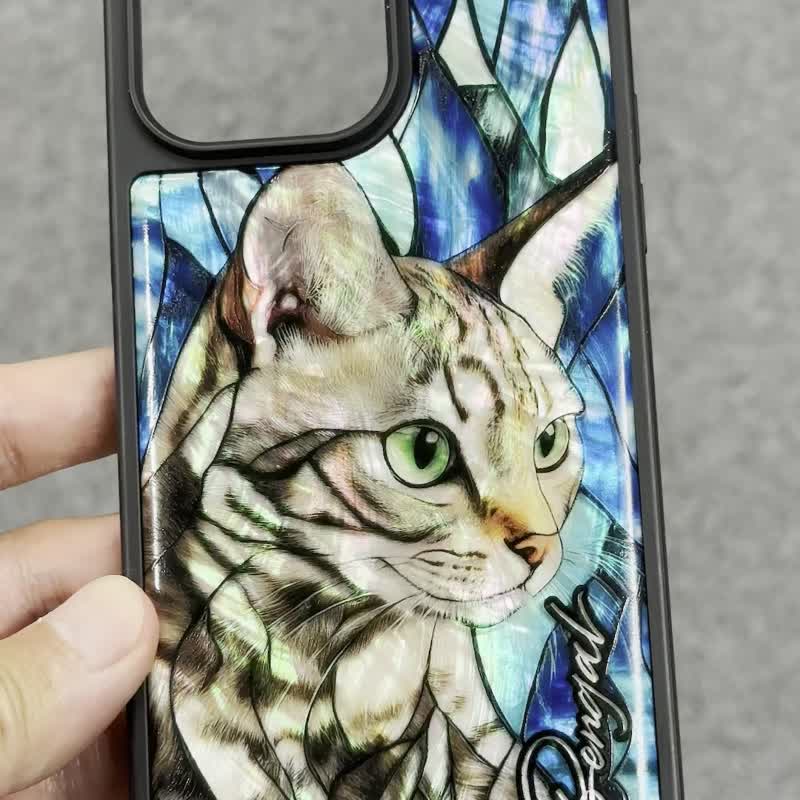 Cat natural shell iPhone 16 impact resistant protective case stained glass can be customized with name 051B - Phone Cases - Shell Blue