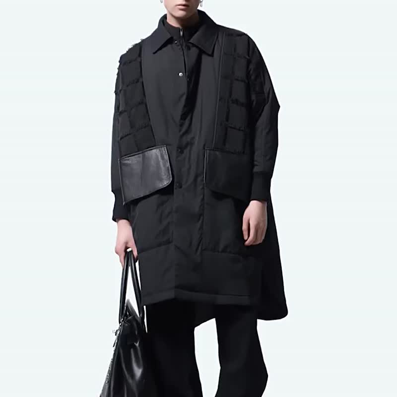裁魂系列冬季翻領中長款棉服  男士拼接棉衣外套 - 男夾克/外套 - 聚酯纖維 黑色
