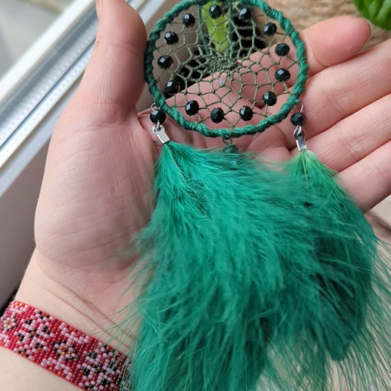 Emerald Green Feather Dreamcatcher - Bohemian Car Interior Decor - 壁貼/牆壁裝飾 - 其他材質 紫色
